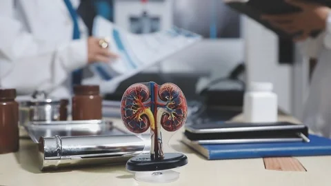Doctor uses anatomical model to explain male urinary system. Model labeled .. Stock Footage 332664539