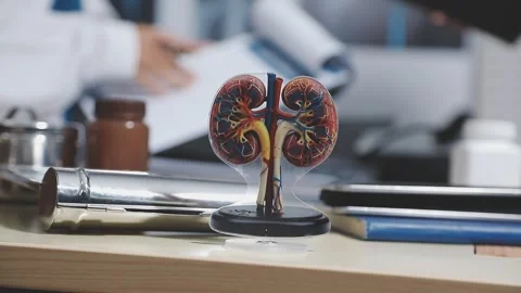 Doctor uses anatomical model to explain male urinary system. Model labeled .. Stock Footage 332664542