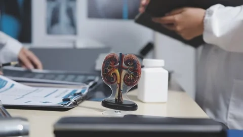 Doctor uses anatomical model to explain male urinary system. Model labeled .. Stock Footage 332664543