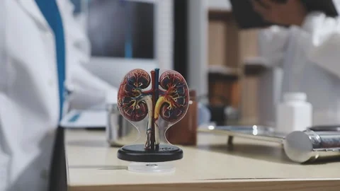 Doctor uses anatomical model to explain male urinary system. Model labeled .. Stock Footage 332664552