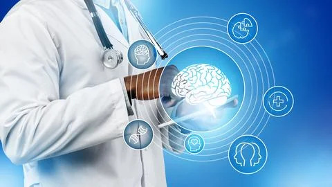 Doctor uses technology to explore brain health and medical data in a digital Stock Photos