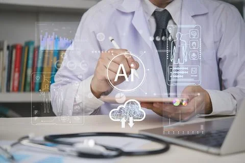 Doctor using AI and cloud computing for patient medical data analysis. Futu.. Stock Photos