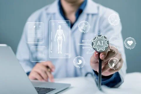Doctor using AI-powered technology in healthcare, visualizing virtual medic.. 스톡 사진