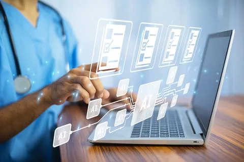 Doctor using AI technology for data document management Stock Photos