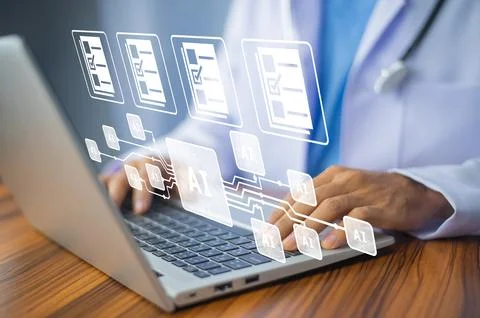 Doctor using AI technology for data document management 写真素材