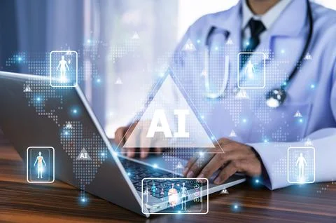 Doctor using computer AI artificial intelligence technology machine learnin.. Stock Photos