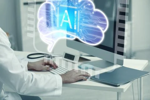 Doctor using computer with AI virtual screen at table, closeup. Artificial .. Foto stock