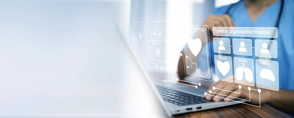 Doctor using computer Document Management System (DMS), online documentatio.. Stock Photos