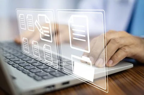 Doctor using computer Document Management System (DMS), online documentatio.. Stock Photos