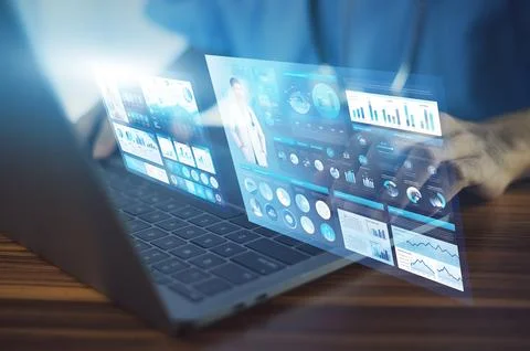 Doctor using computer Document Management System (DMS), online documentatio.. Stock Photos