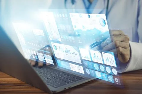 Doctor using computer Document Management System (DMS), online documentatio.. Stock Photos