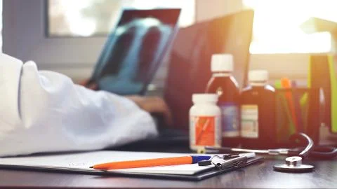 Doctor using computer, focus on pen on foreground Stock Photos