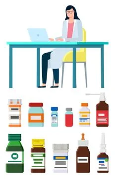 Doctor Using Computer to Give Consultation Vector Stock Illustration