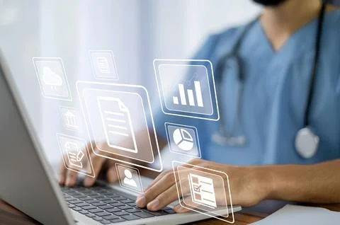 Doctor using computer working in hospital, Doctor using computer checking d.. Foto stock