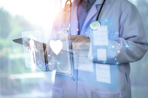 Doctor using computer working in hospital, Doctor using computer checking d.. Stock Photos