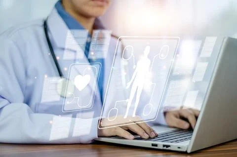 Doctor using computer working in hospital, Doctor using computer checking d.. Stock Photos
