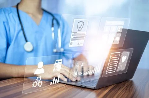 Doctor using computer working in hospital, Doctor using computer checking d.. 스톡 사진