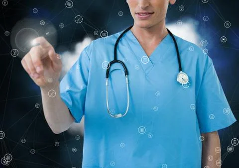 Doctor using connecting icon interface against clouds Stock Photos