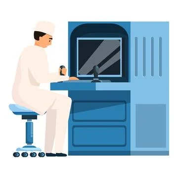 Doctor using control panel of medical machine for treatment 스톡 일러스트