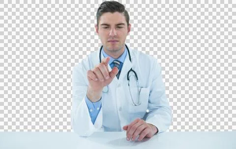 Doctor using digital tablet against white background Stock Photos