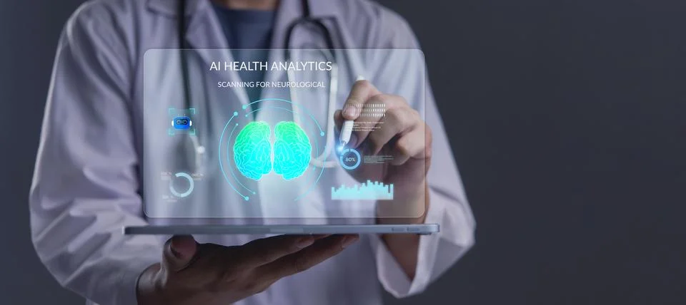 Doctor using digital tablet with AI Health Analytics interface scanning hum.. Stock Photos