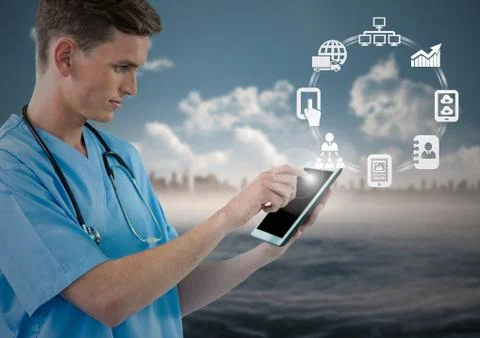 Doctor using digital tablet with connecting icons Foto stock