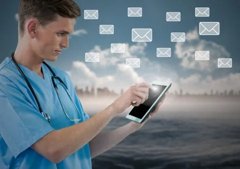 Doctor using digital tablet with digitally generated message icons Stock Photos