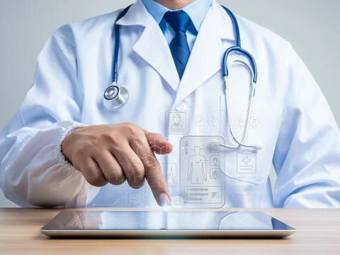 Doctor using digital tablet with virtual healthcare dashboard to review pat.. Stock Photos