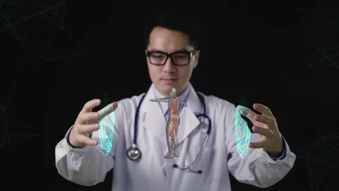 Doctor Using Digital X-Ray Human Body Holographic Scan Projection 3D Rendering, Stock Footage 155237210