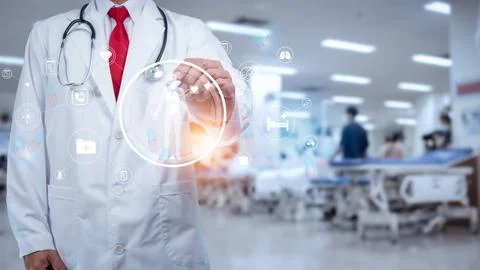 Doctor is using electronic pen touching screen for medical diagnostic analy.. Stock Photos