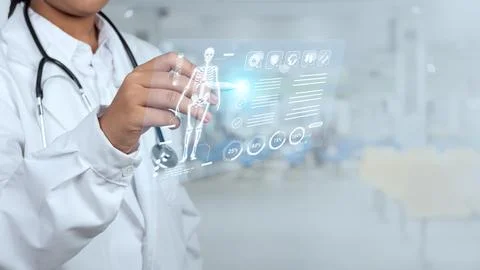 Doctor is using electronic pen touching screen for medical diagnostic analy.. Stock Photos
