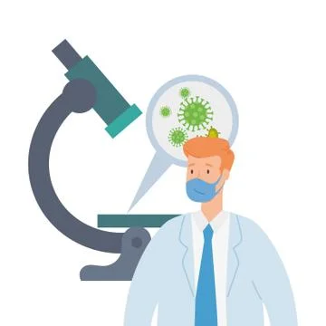 Doctor using face mask with microscope and particles covid 19 Stock Illustration