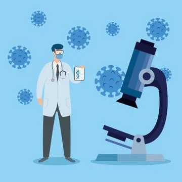 Doctor using face mask with microscope and particles covid 19 Stock Illustration