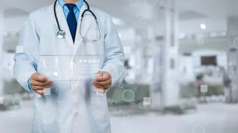 Doctor using finger touching screen for medical diagnostic analysis on mode.. Stock Photos