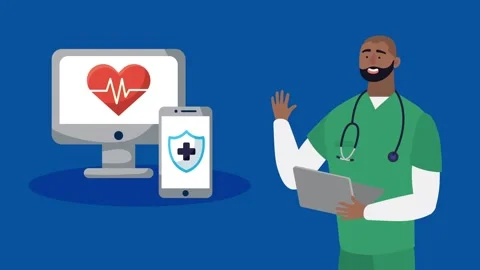 Doctor using laptop near computer and smartphone displaying health symbols .. Stock Footage 334522698