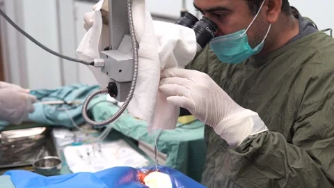 Doctor Using Microscope During Eye Surgery Process, Treatment of Cataract Stock Footage 295174966