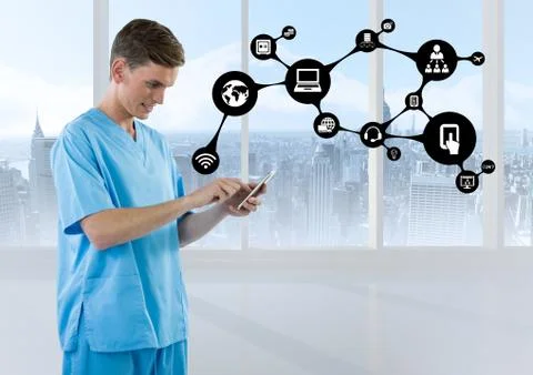 Doctor using mobile phone with application icon Stock Photos