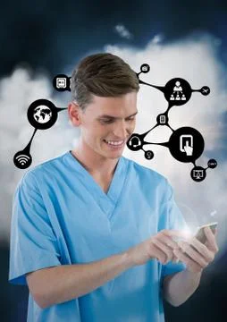 Doctor using mobile phone with application icon Foto stock