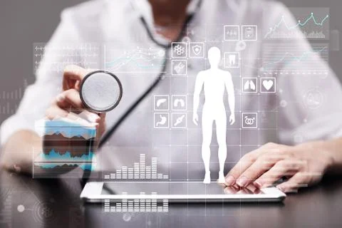 Doctor using modern computer with Medical record diagram on virtual screen Stock Photos