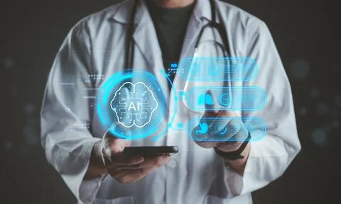 Doctor using smartphone with AI artificial intelligence brain interface. Fu.. Stock Photos
