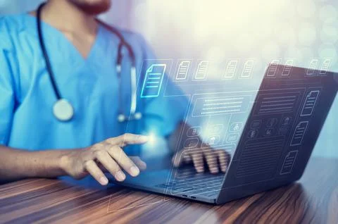 Doctor using software computer Document Management System (DMS), online doc.. Stock Photos