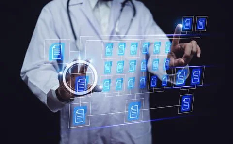 Doctor using software computer Document Management System (DMS), online doc.. Stock Photos