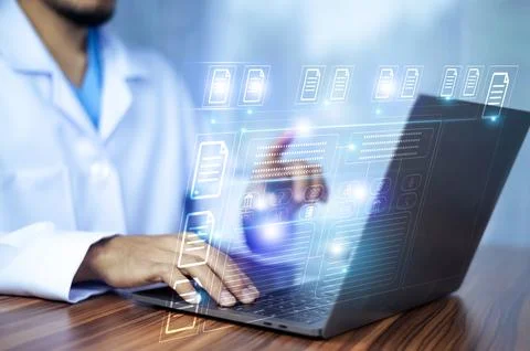 Doctor using software computer Document Management System (DMS), online doc.. Stock Photos