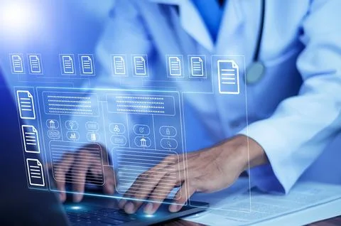 Doctor using software computer Document Management System (DMS), online doc.. Stock Photos