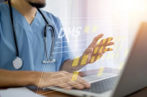 Doctor using software computer Document Management System (DMS), online doc.. Stock Photos