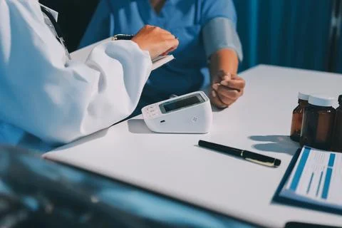 Doctor using sphygmomanometer with stethoscope checking blood pressure to a.. Stock Photos