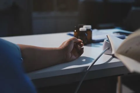 Doctor using sphygmomanometer with stethoscope checking blood pressure to a.. Stock Photos