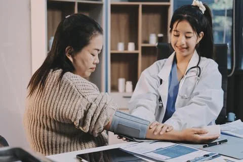 Doctor using sphygmomanometer with stethoscope checking blood pressure to a.. Stock Photos