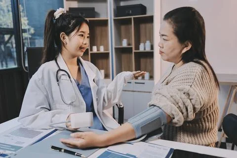 Doctor using sphygmomanometer with stethoscope checking blood pressure to a.. Foto stock