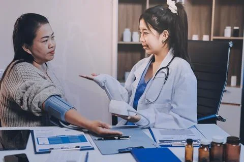 Doctor using sphygmomanometer with stethoscope checking blood pressure to a.. Stock Photos